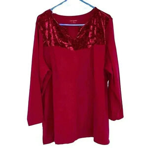 Catherines top tunic 2X v neck 3/4 sleeve red velvet floral brocade trim